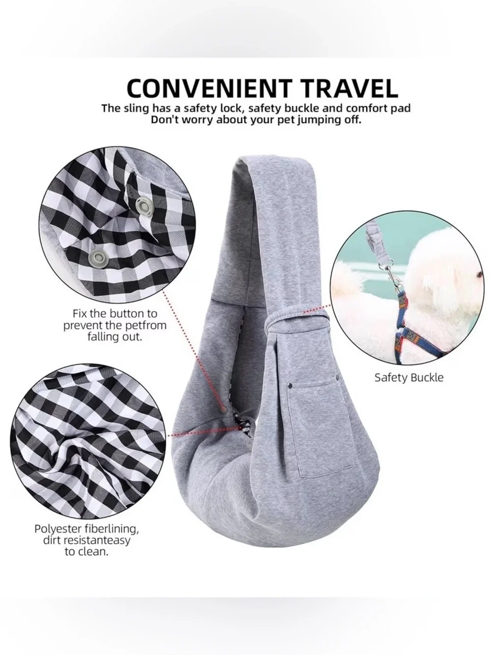 Gray Pet Sling Carrier - Comfortable Hands-Free Small Pet Sling